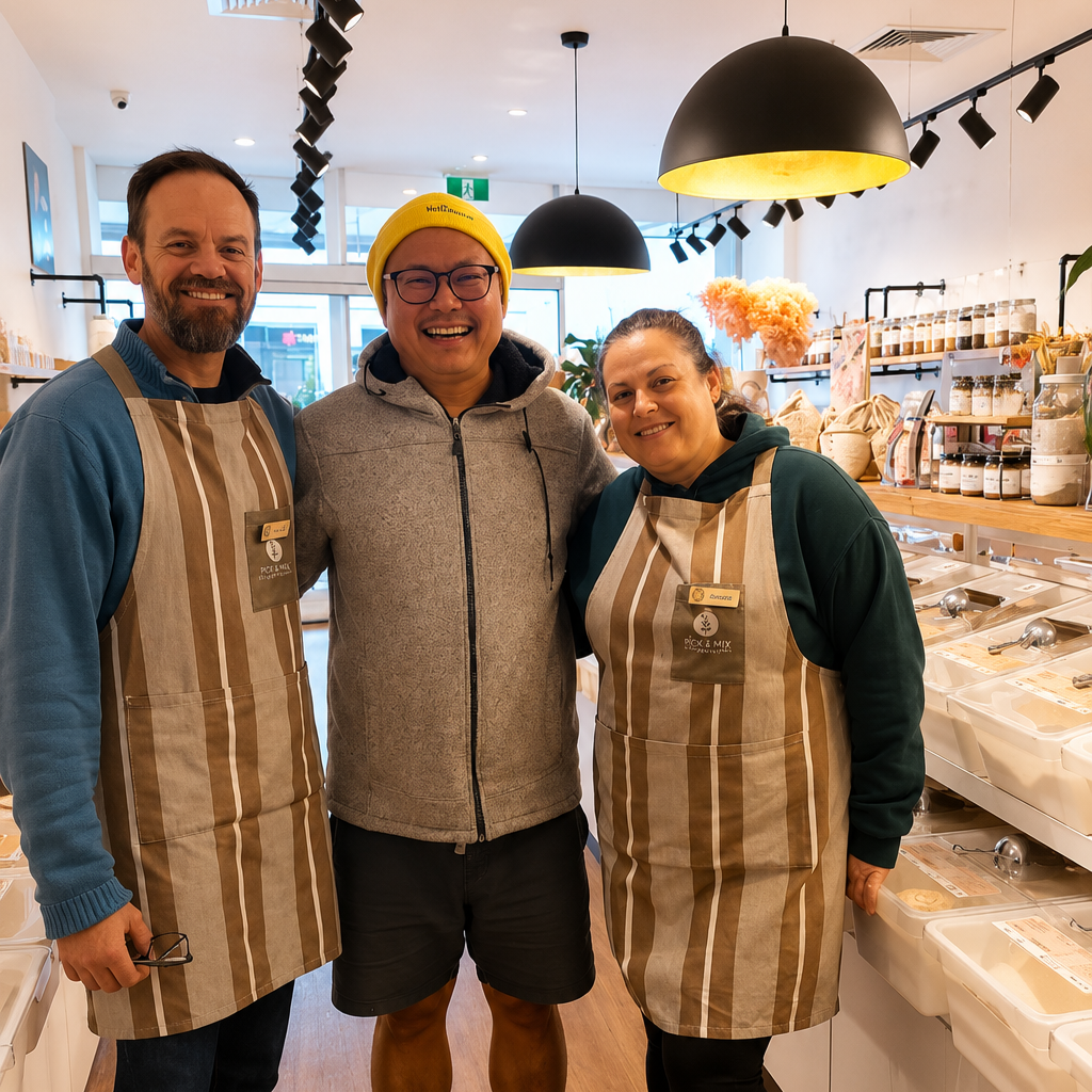 Three smiling people posing together inside a shop